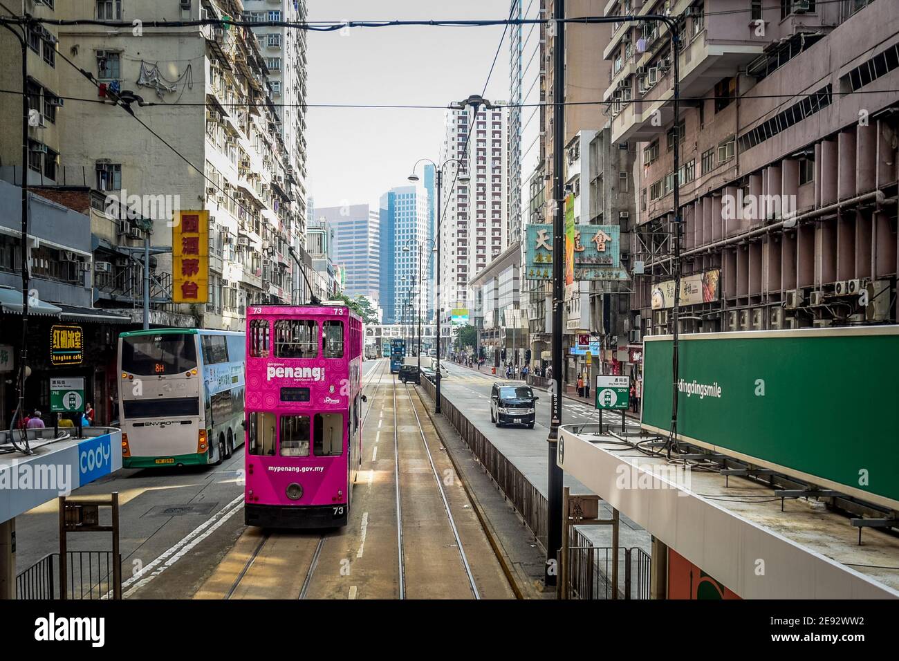 Hong Kong City Streets, Trams and Yellow Lines Stock Photo