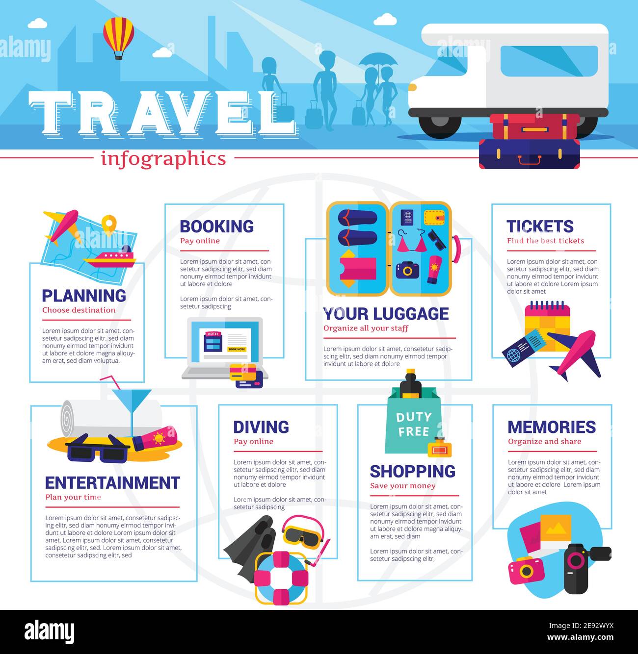 Travel planning organizing and spending infographics with blue header