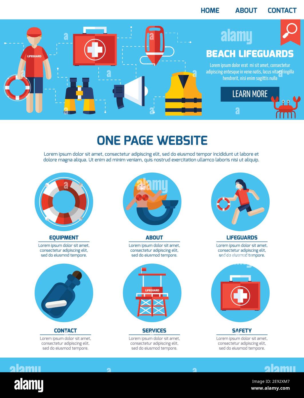 Beach lifeguards interactive webpage with infographic elements learn more button and contact information flat abstract vector illustration Stock Vector