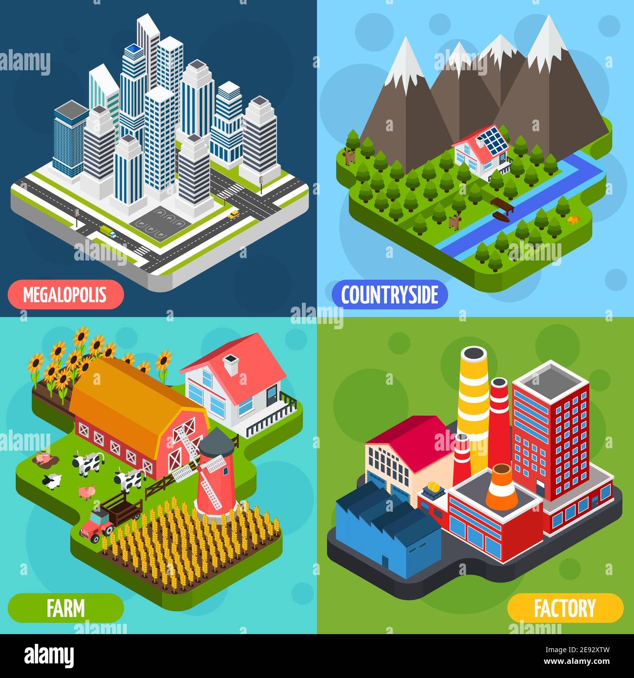 Factory farming agriculture countryside facilities and megalopolis 4 isometric icons square composition banner abstract isolated illustration vector Stock Vector