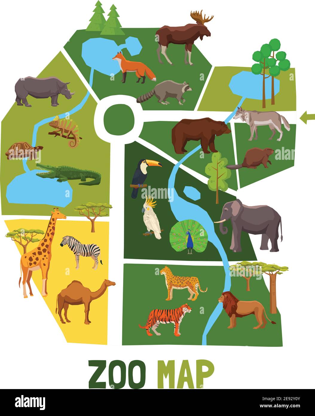 Cartoon zoo map with african animals tropical birds and inhabitants of taiga flat vector illustration Stock Vector