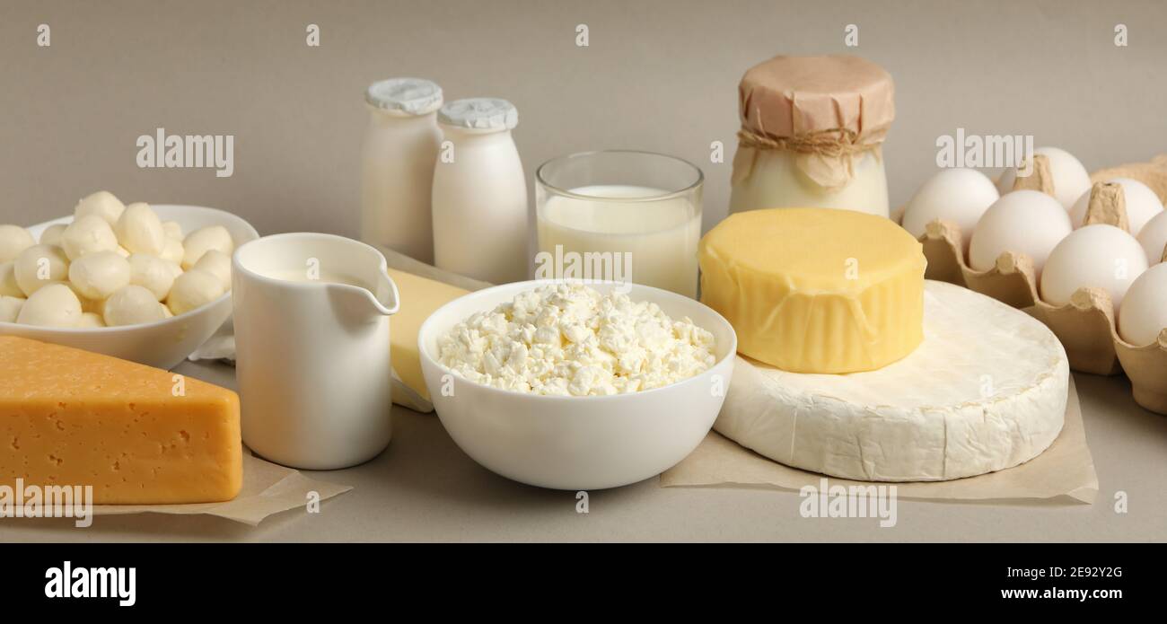 Different fresh dairy products on gray background Stock Photo