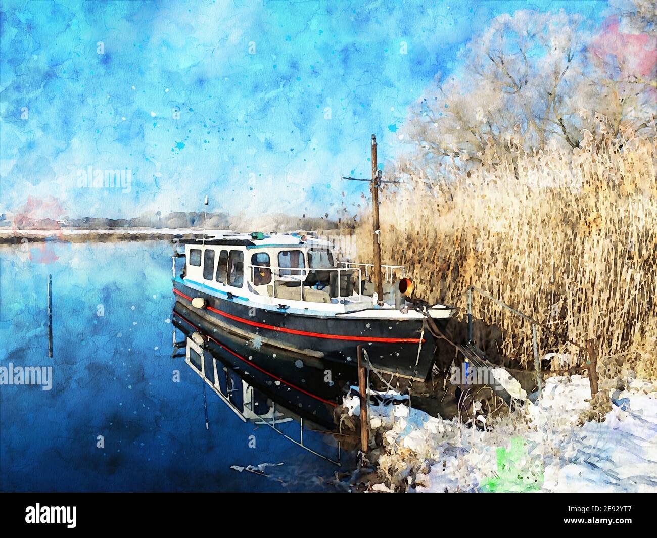 Snowy winter landscape on the Havel River in Havelland. Boat in water. Watercolour painting Stock Photo