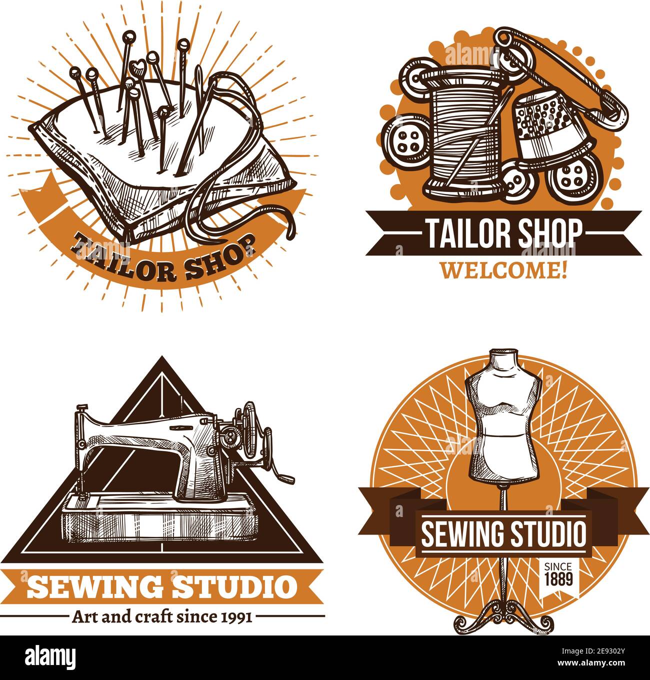 Sewing hand made label set in retro style with tailor accessories and