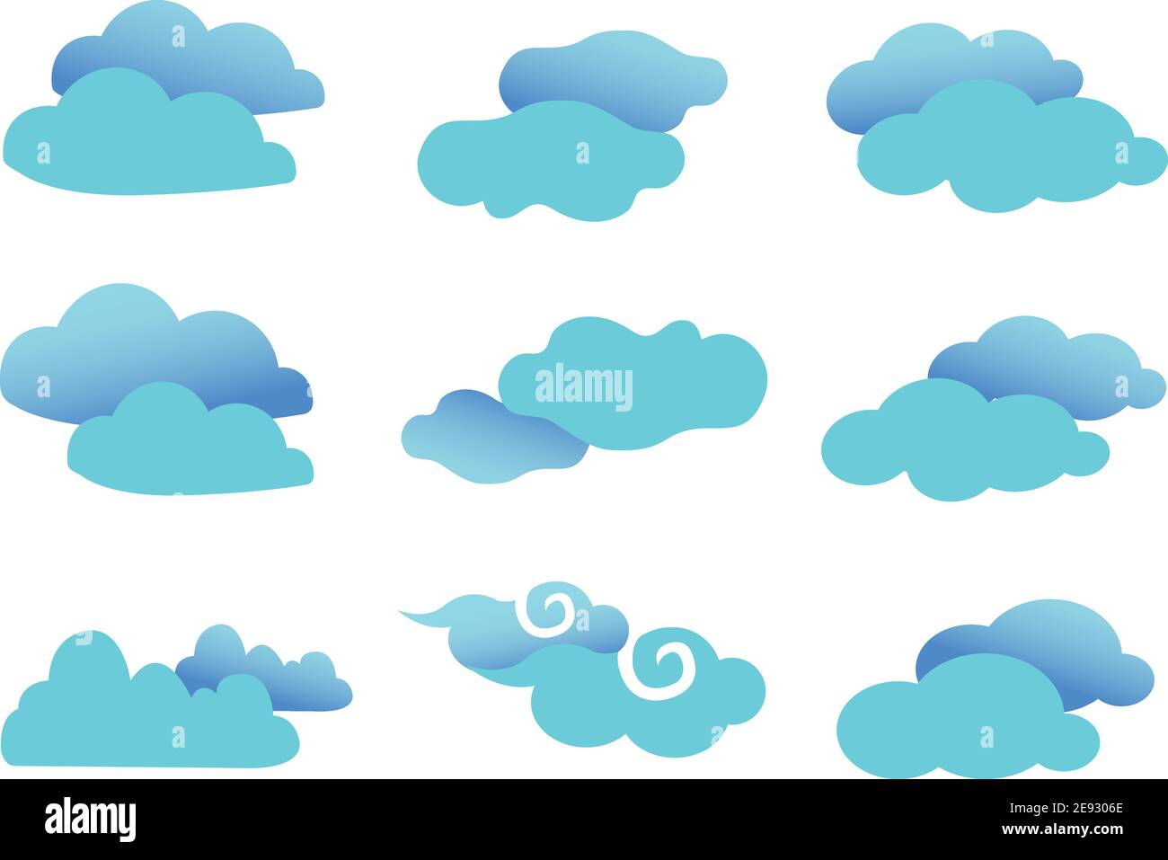 Set of nine vector illustration of fancy clouds in cyan blue with ...