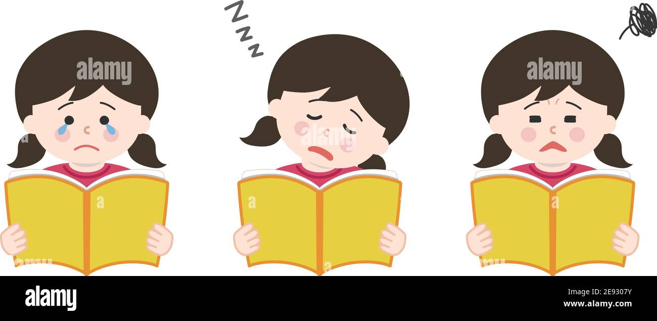 Girl holding open books and reading with different expressions. Vector illustration isolated on white background. Stock Vector