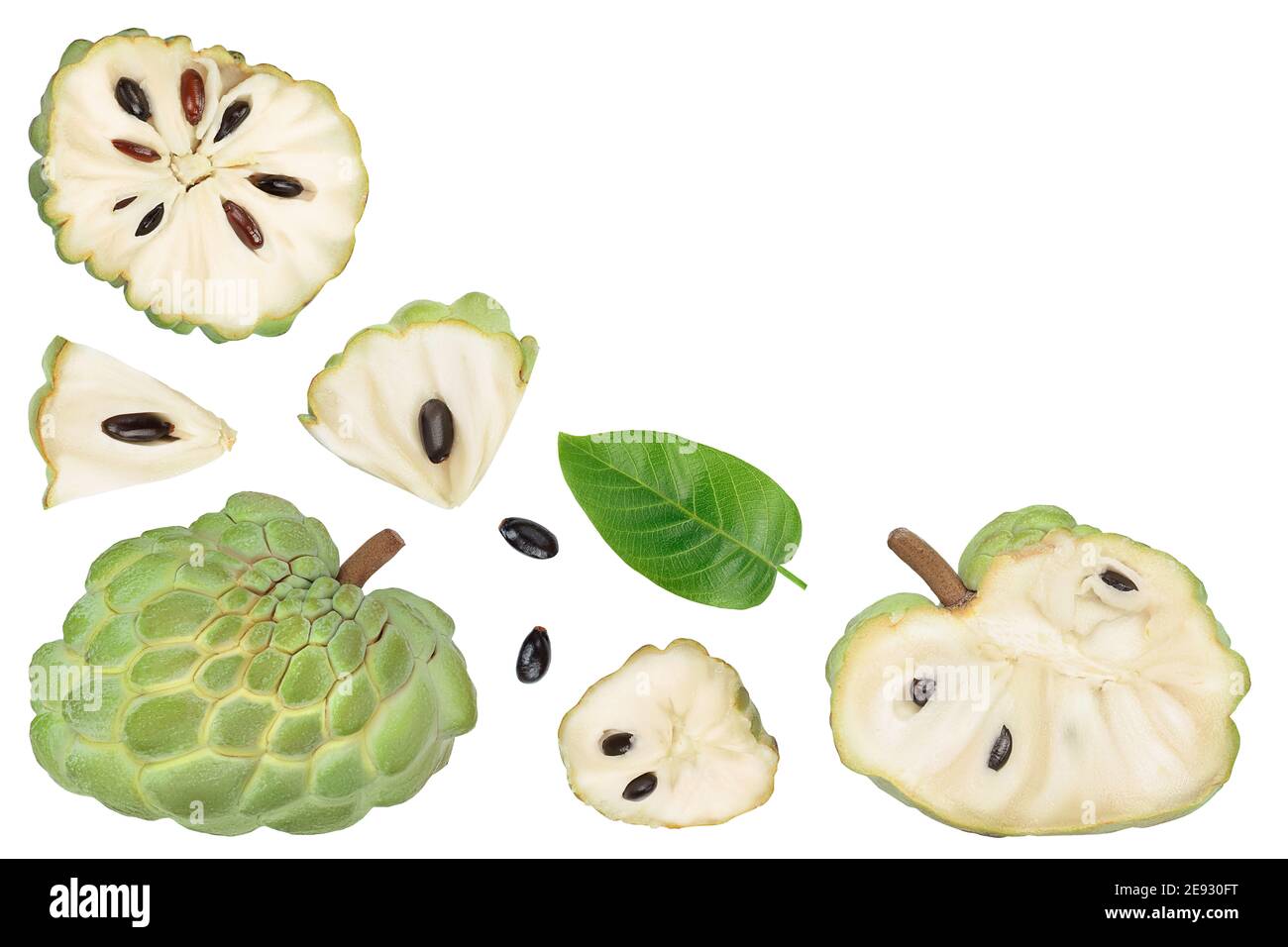 Sugar apple or custard apple isolated on white background. Exotic tropical Thai annona or cherimoya fruit. Top view. Flat lay Stock Photo