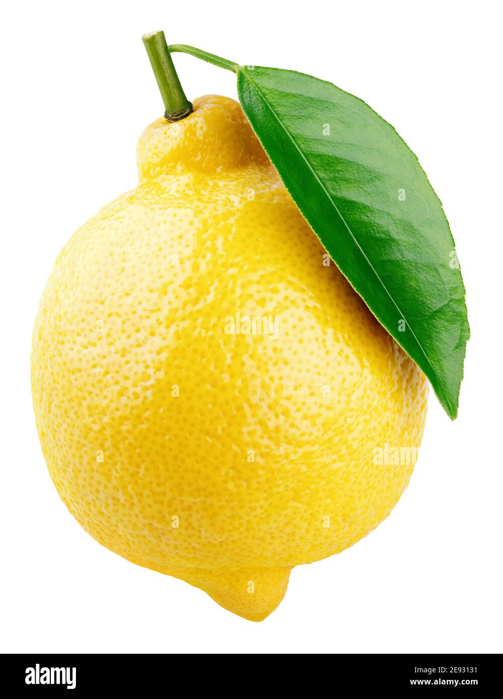 Ripe whole yellow lemon citrus fruit with green leaf isolated on white background. With clipping path. Full depth of field. Stock Photo