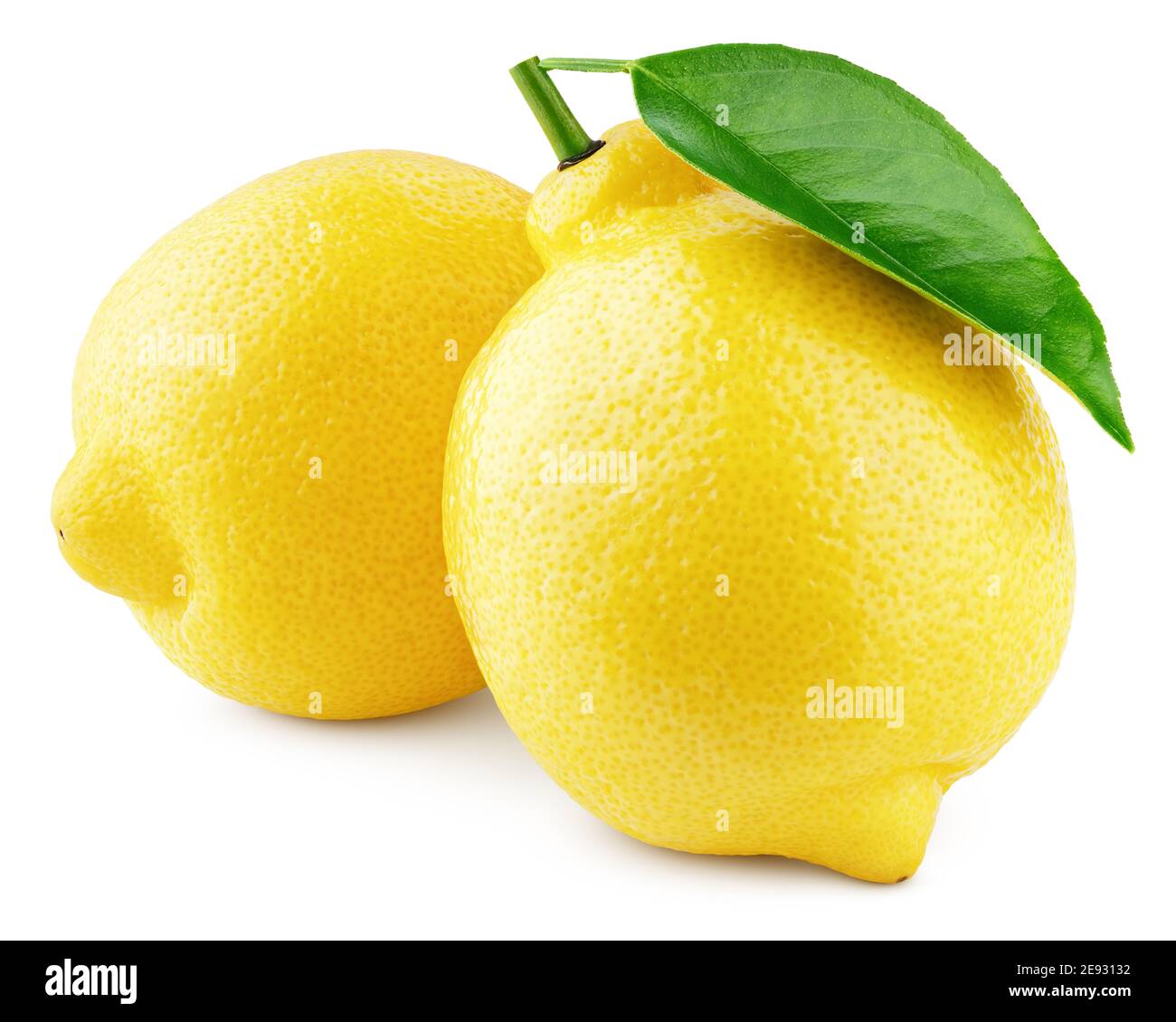 Two whole yellow lemons with green leaf isolated on white background. Lemons citrus fruit with clipping path. Full depth of field. Stock Photo