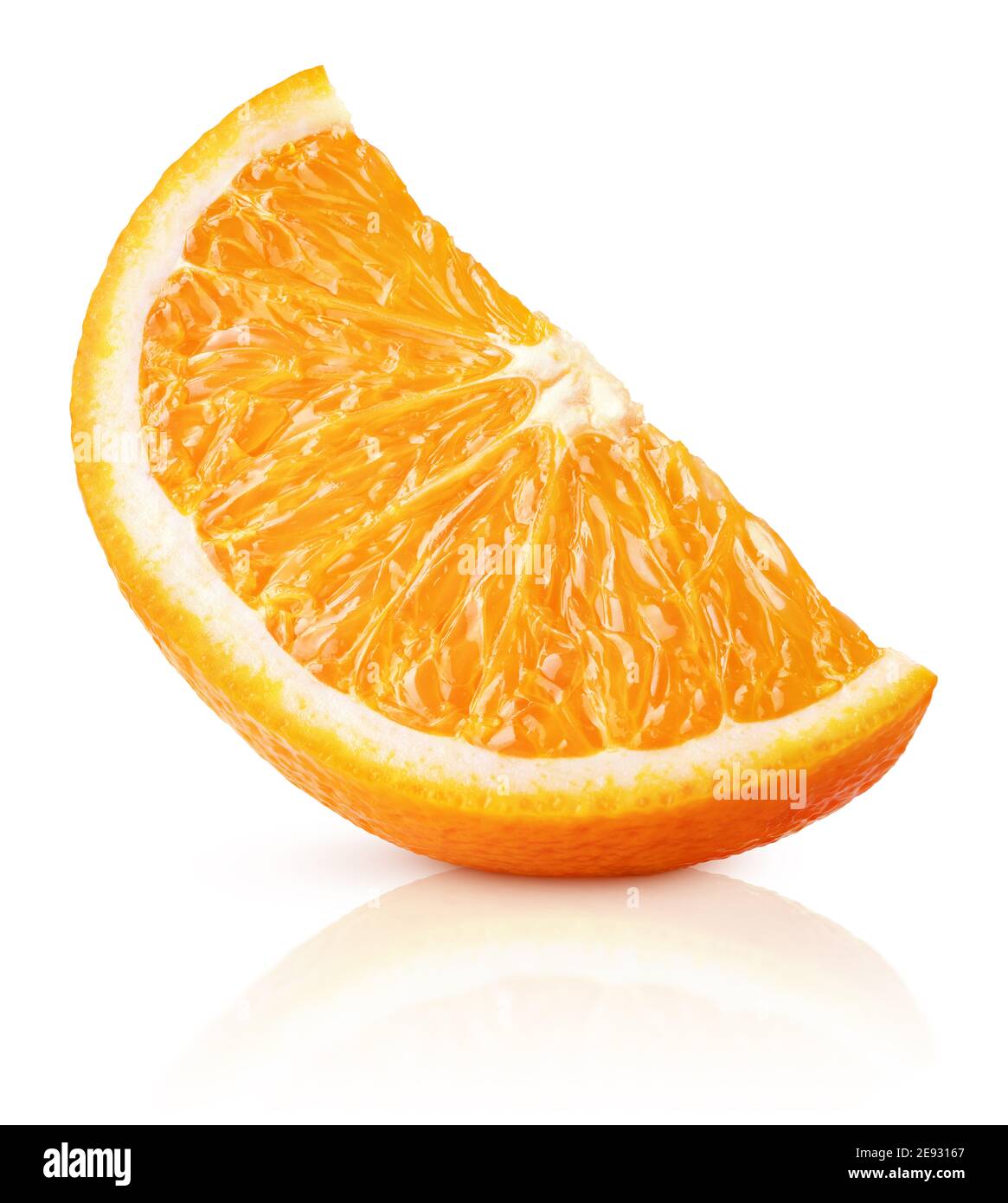 Wedge of orange citrus fruit stand isolated on white background. Orange slice with clipping path. Stock Photo