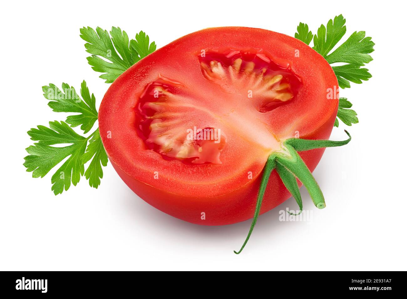 Tomato half isolated on white background with clipping path and full depth of field. Stock Photo