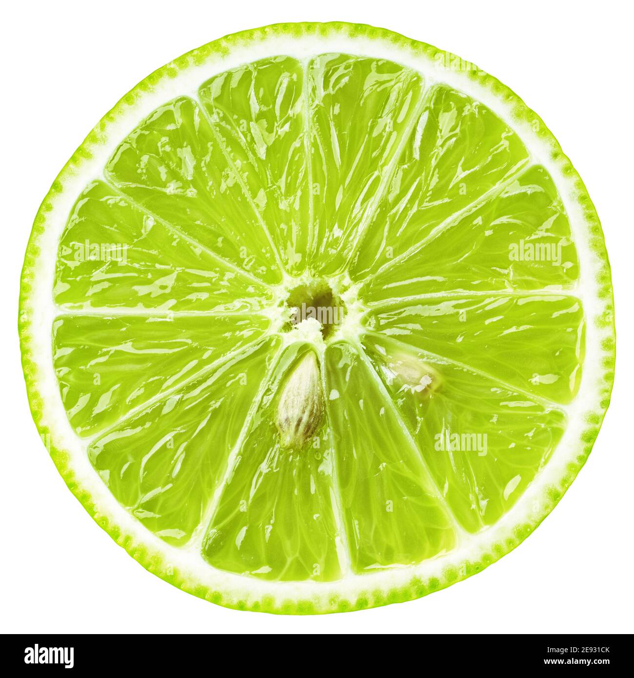 Top view of slice of lime citrus fruit isolated on white background with clipping path. Lime slice with seeds Stock Photo