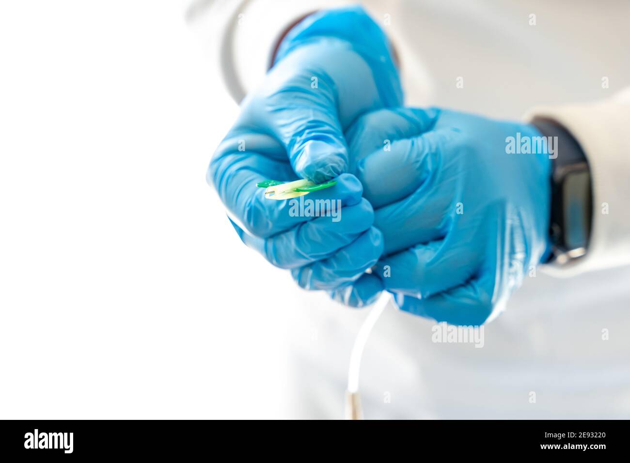 Crop anonymous medic in latex gloves and with needle for taking blood sample for coronavirus Stock Photo