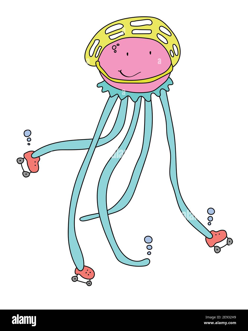 Funny jellyfish skating wearing helmet. Sport at summer time concept