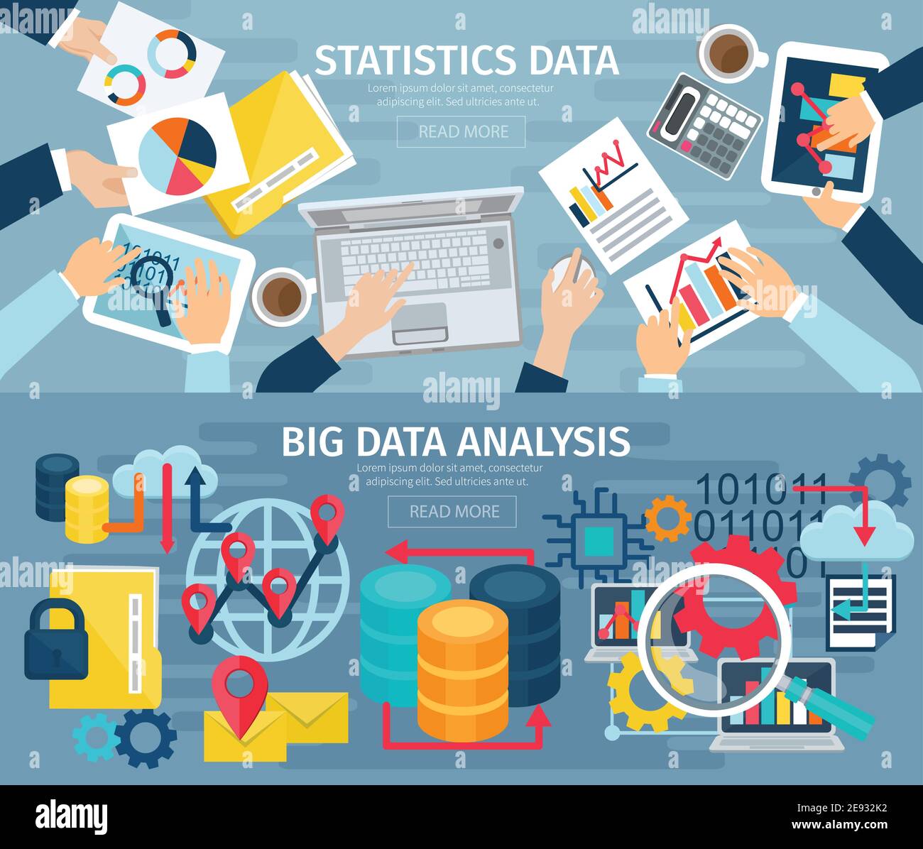 Big data analysis and database statistic systems 2 flat banners with ...