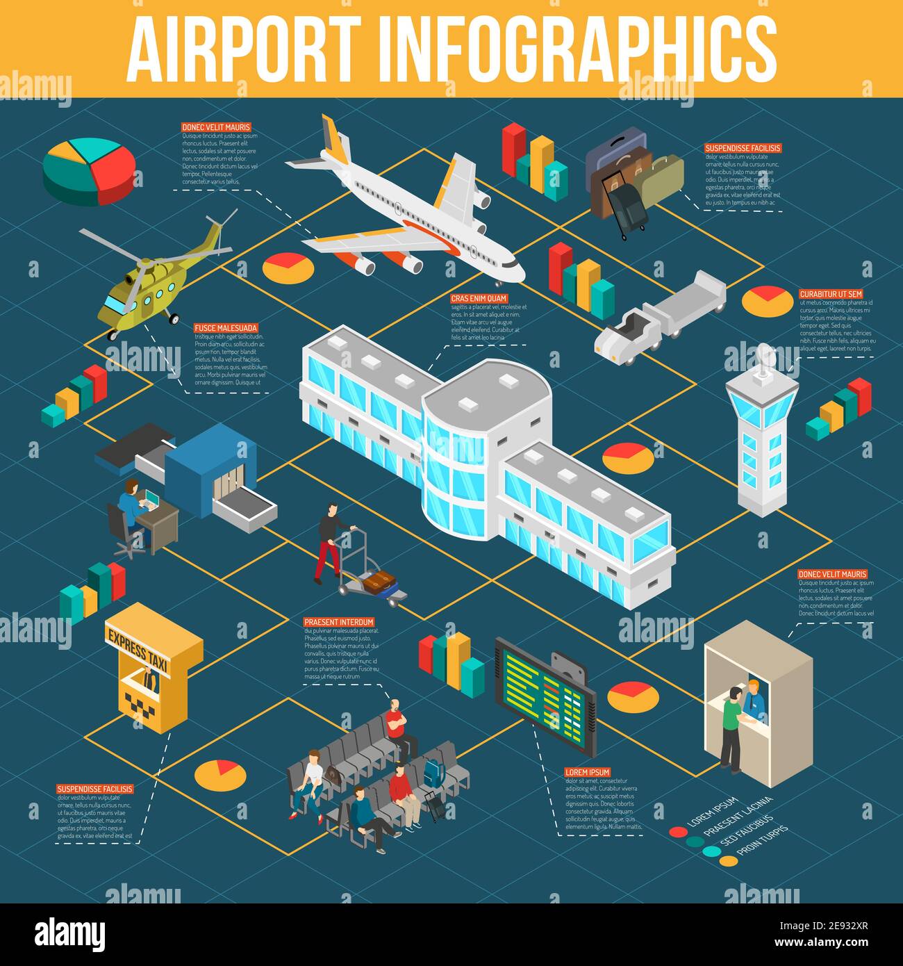 Airport infographics with diagrams and pie charts of airport elements