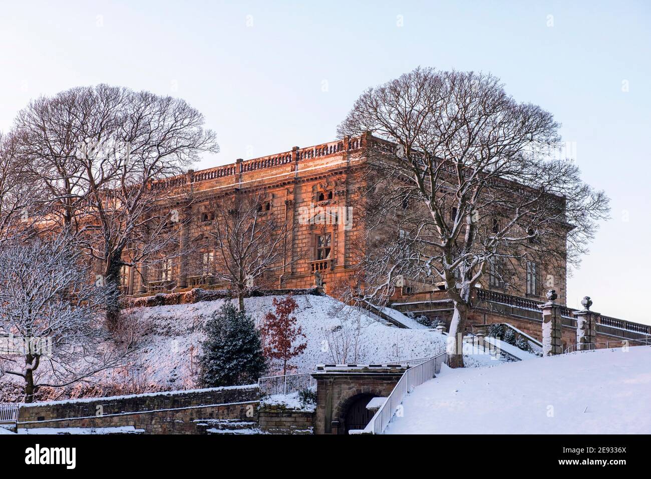 Early morning light on Nottingham Castle, covered in fresh snow, Nottingham City Nottinghamshire England UK Stock Photo