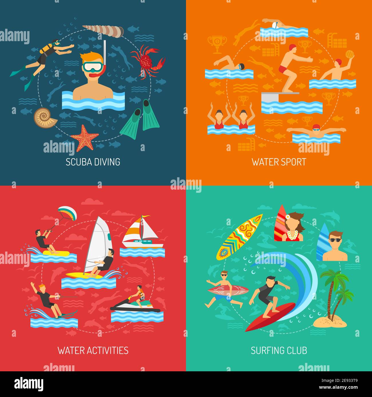 Water sport 2x2 flat design concept with people physical activity in