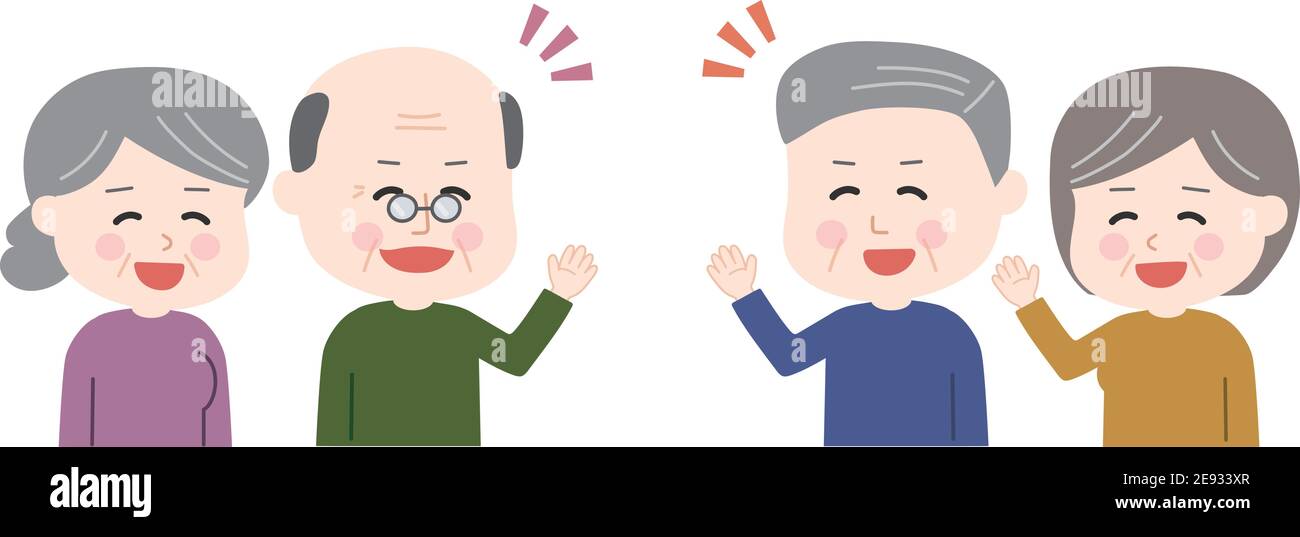 Elderly couple saying hello to neighbors with gestures. Vector illustration isolated on white background. Stock Vector