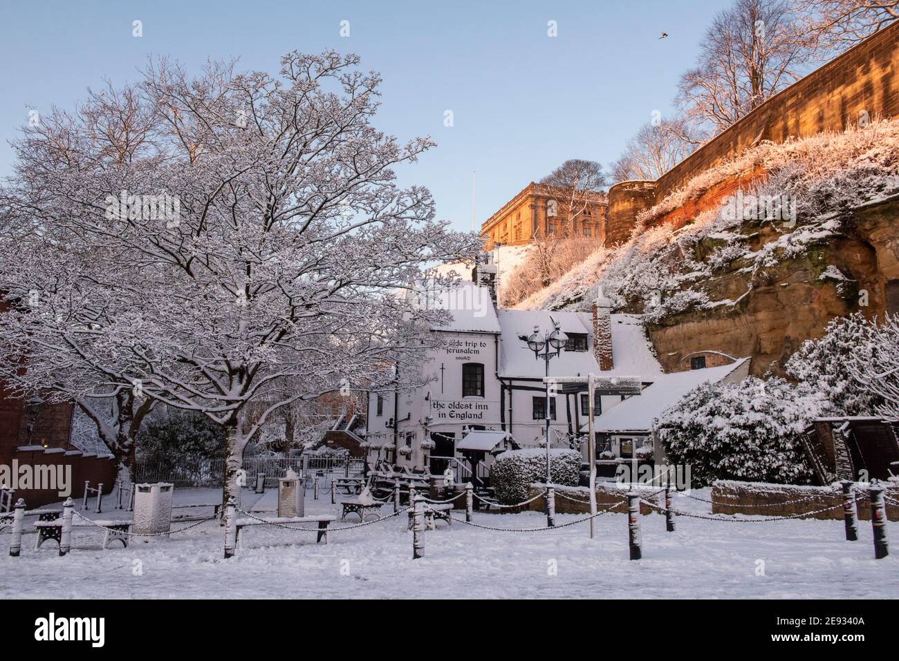 Snow at the Historic Ye Olde Trip to Jerusalem Pub in Nottingham City, Nottinghamshire England UK Stock Photo