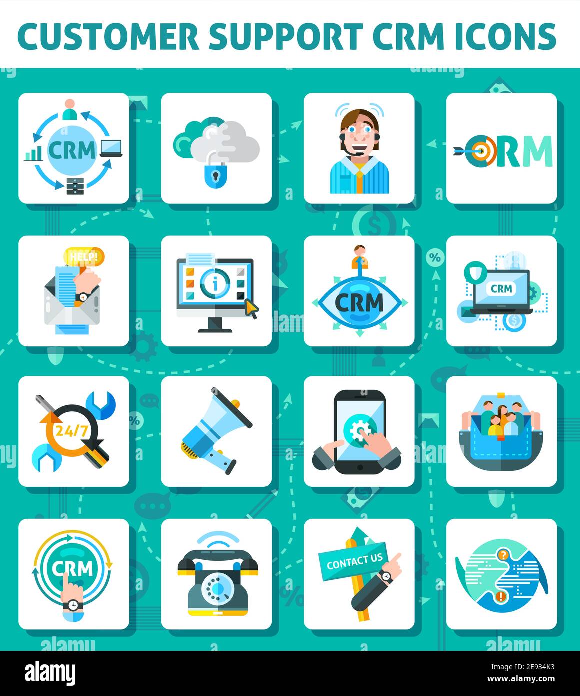 Customer support CRM square icons set with computer and laptop flat isolated vector illustration