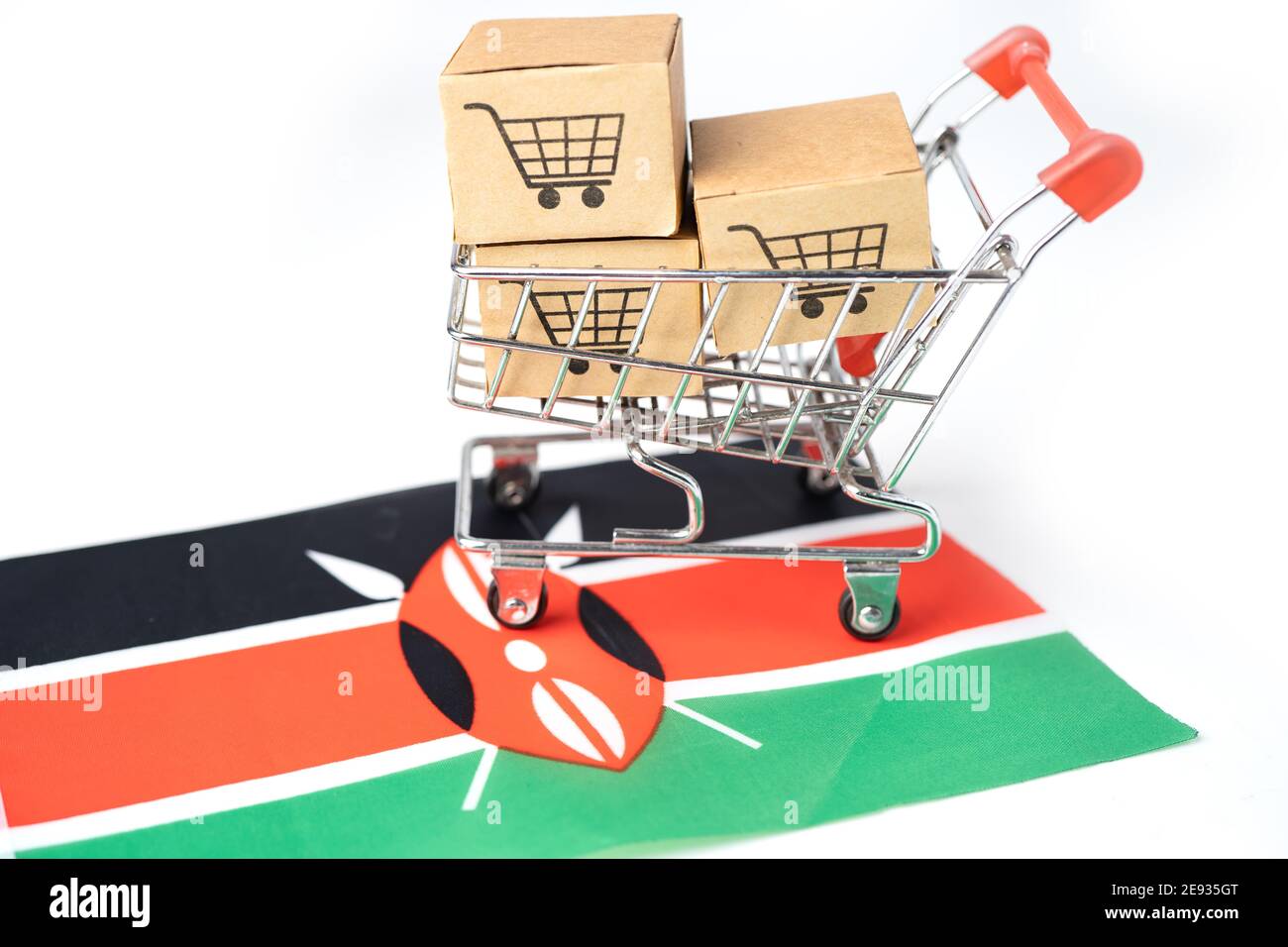 Box with shopping cart logo and Kenya flag, Import Export Shopping