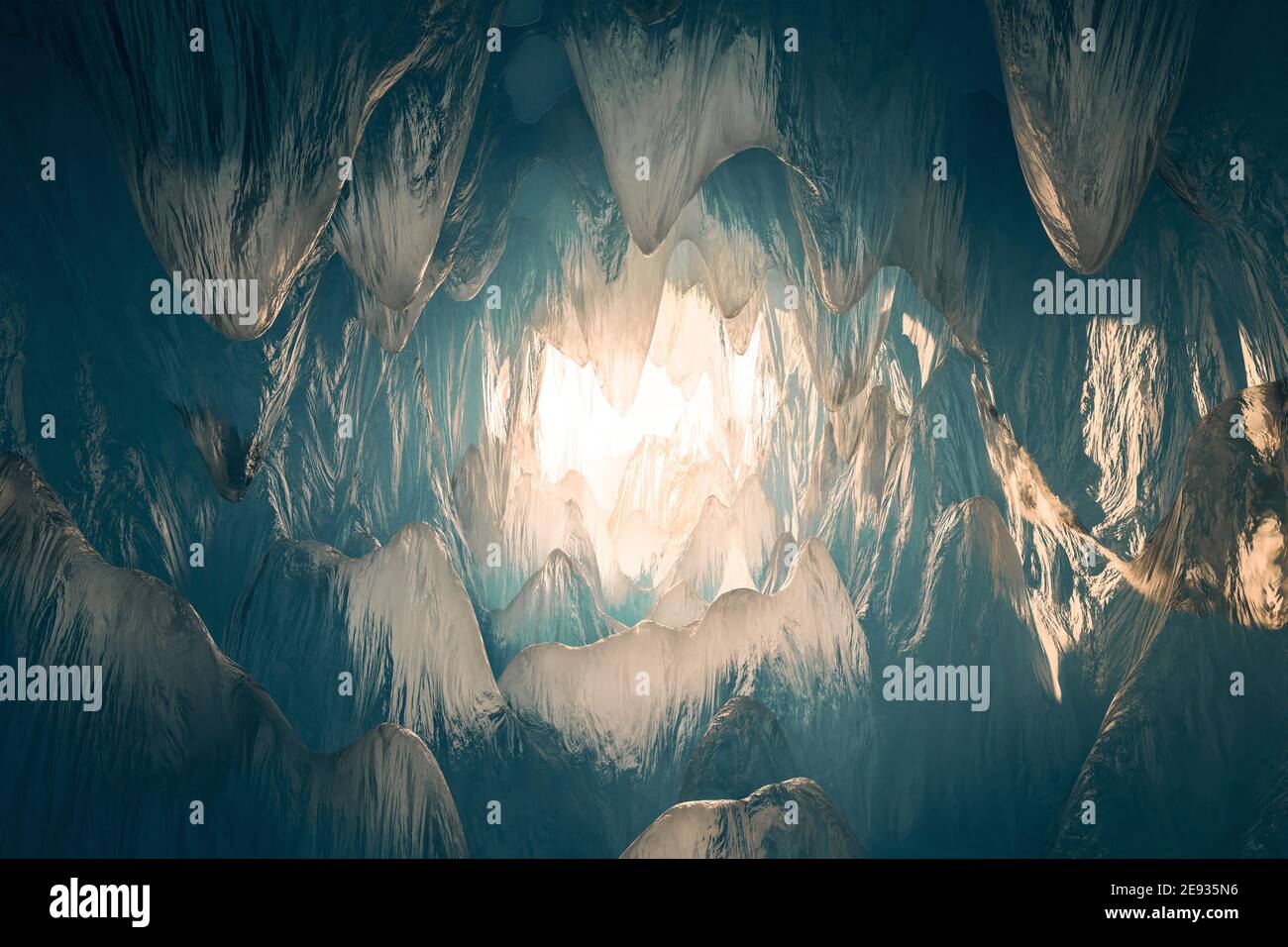 3d rendering of ice cave with sunlight at the end of tunnel Stock Photo