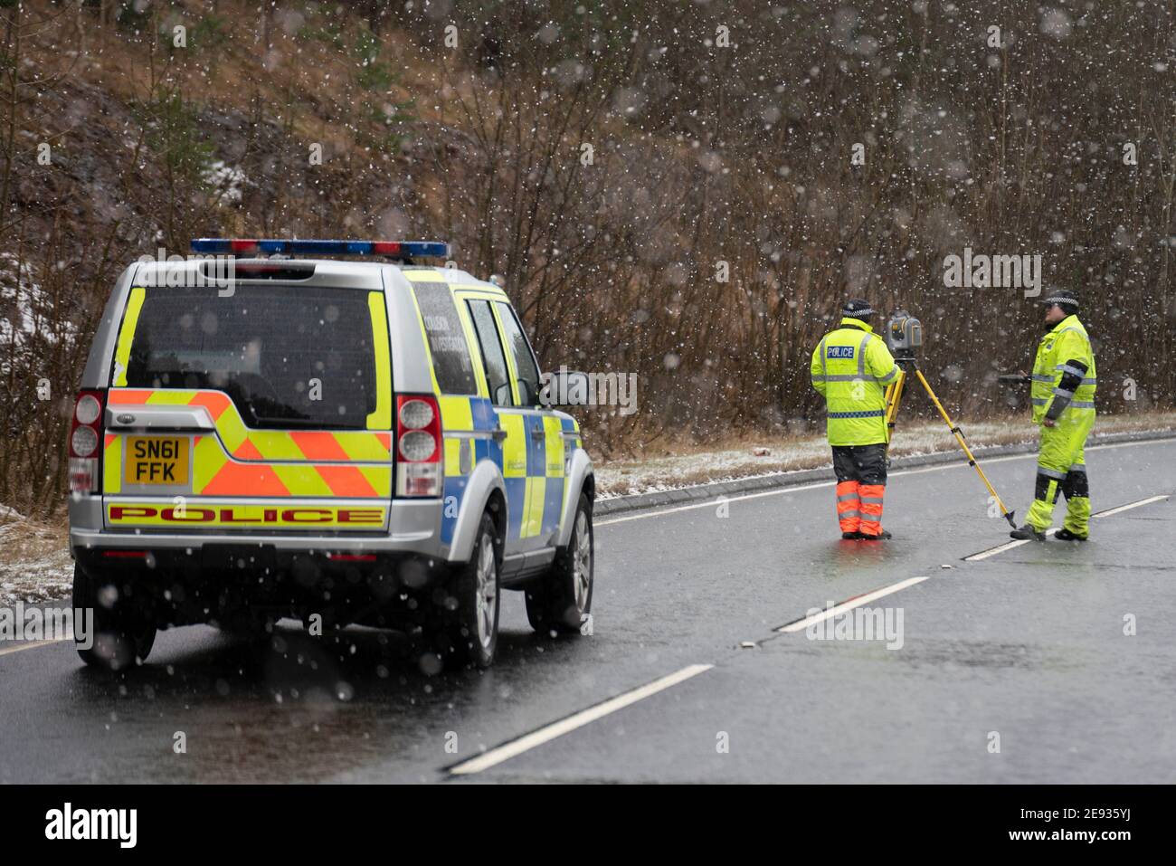 EXCLUSIVE Birkhill, Scotland, UK. 2 February 2021. Police accident investigation officers attend scene of serious multiple vehicle traffic accident on A68 at Birkhill north of Earlston in Scottish Borders.  The A68. Remains closed in both directions at Lauder and Earlston. Iain Masterton/Alamy Live News Stock Photo