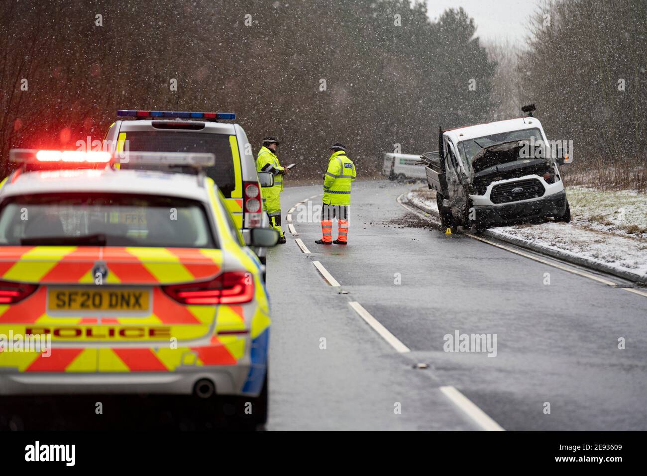 EXCLUSIVE Birkhill, Scotland, UK. 2 February 2021. Police accident investigation officers attend scene of serious multiple vehicle traffic accident on A68 at Birkhill north of Earlston in Scottish Borders.  The A68. Remains closed in both directions at Lauder and Earlston. Iain Masterton/Alamy Live News Stock Photo