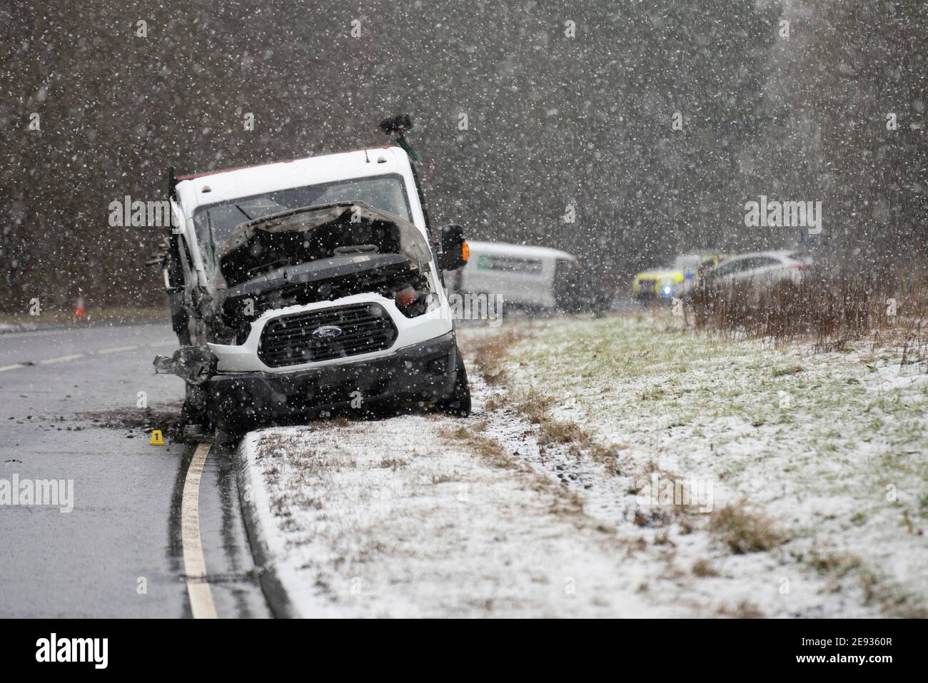 EXCLUSIVE Birkhill, Scotland, UK. 2 February 2021. Police accident investigation officers attend scene of serious multiple vehicle traffic accident on A68 at Birkhill north of Earlston in Scottish Borders.  The A68. Remains closed in both directions at Lauder and Earlston. Iain Masterton/Alamy Live News Stock Photo