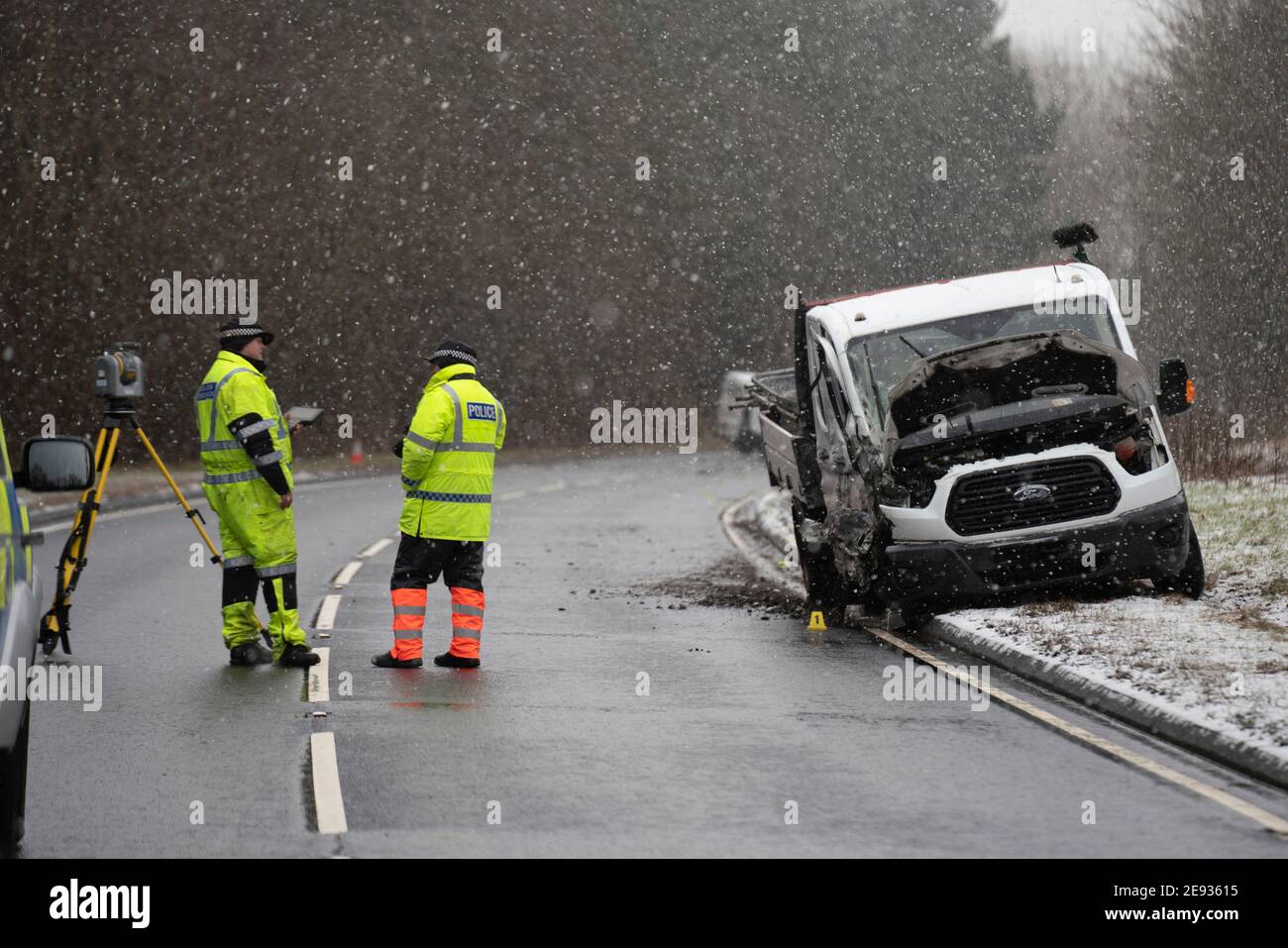 EXCLUSIVE Birkhill, Scotland, UK. 2 February 2021. Police accident investigation officers attend scene of serious multiple vehicle traffic accident on A68 at Birkhill north of Earlston in Scottish Borders.  The A68. Remains closed in both directions at Lauder and Earlston. Iain Masterton/Alamy Live News Stock Photo
