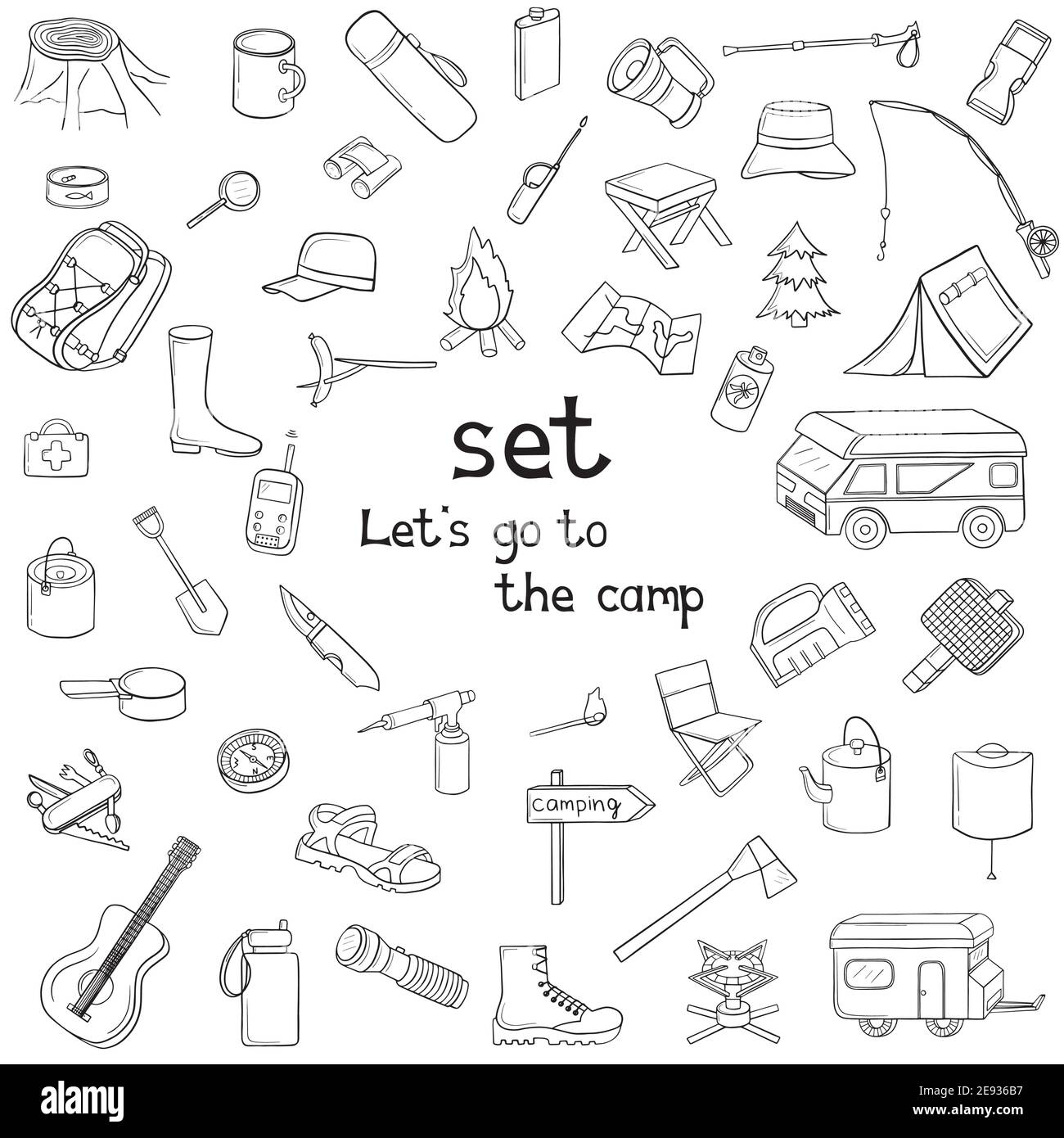 Big vector set of camping elements, handdrawn in doodle style Stock