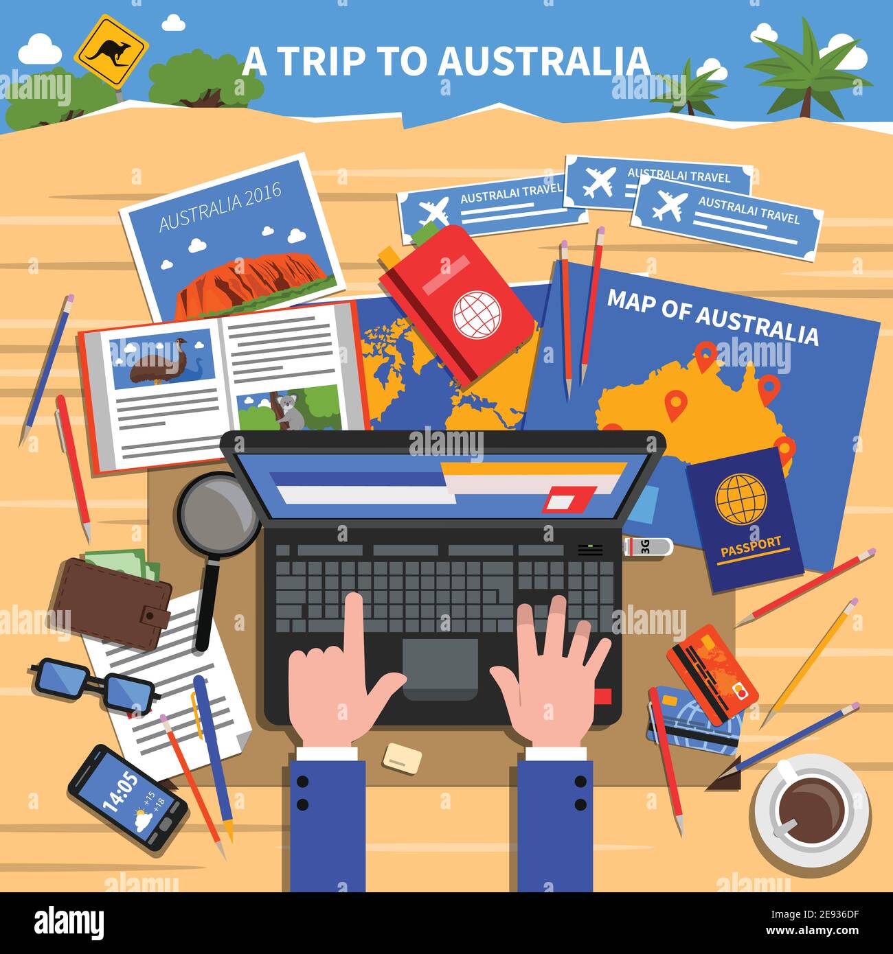 Trip to Australia concept with planning and calculating expenses