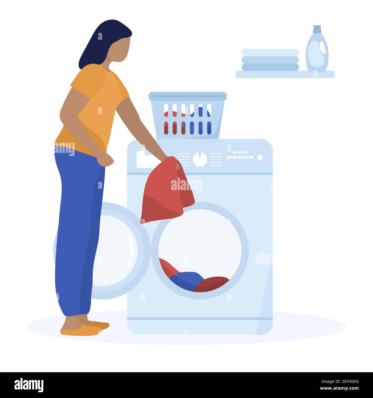 Vector illustration Woman washing dirty clothes Washing machine ...