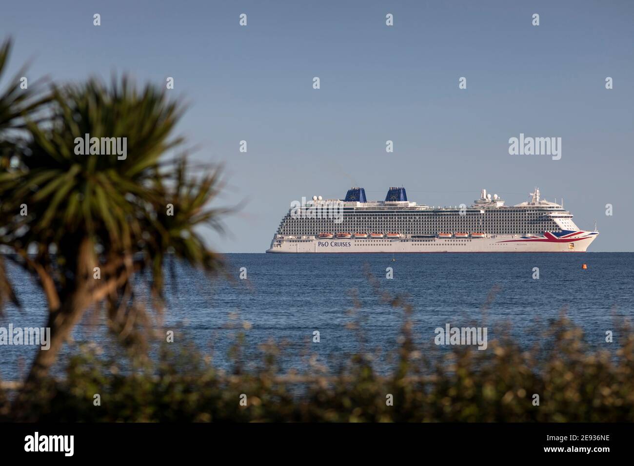 P&O Cruises' largest ship, Britannia, at anchor in Weymouth Bay. The
