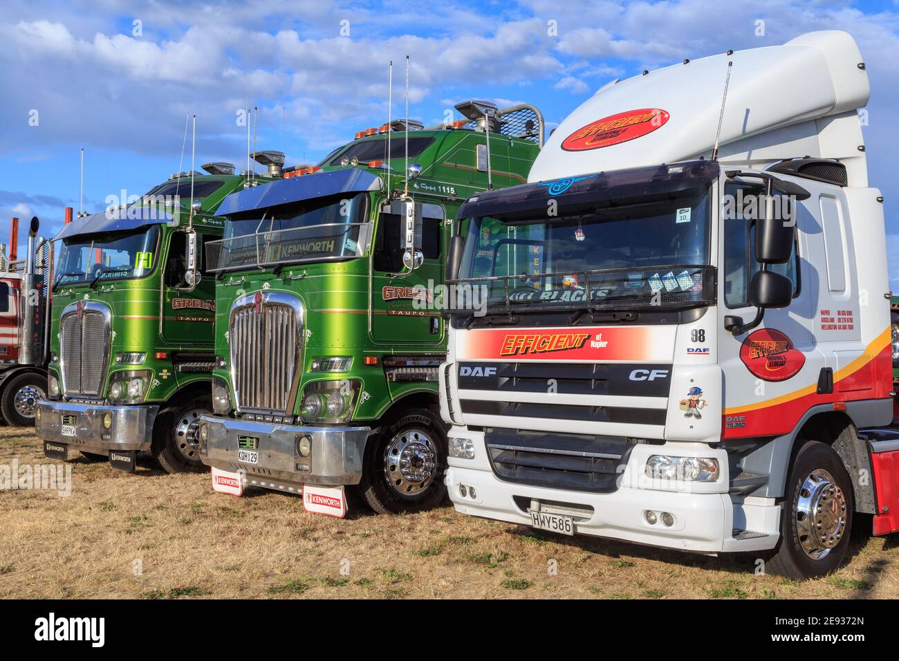A row of trucks at a truck show. In the foreground is a white DAF, with two green Kenworths next to it Stock Photo