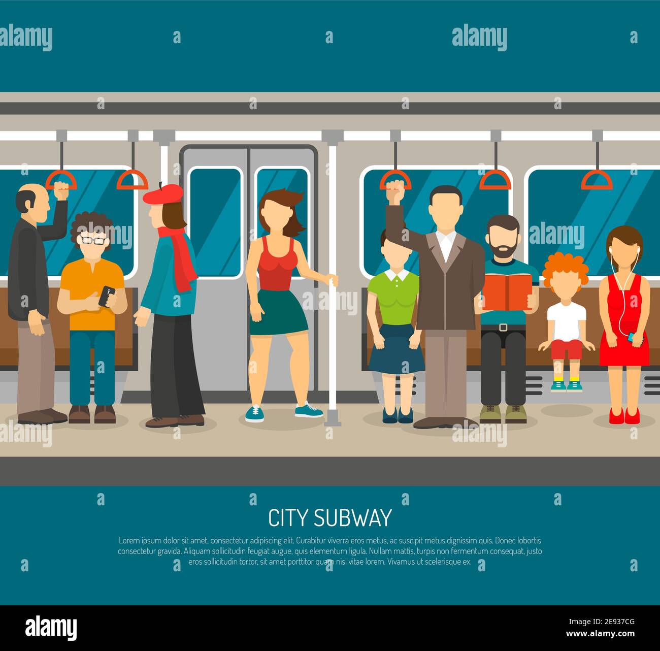 Subway poster of scene inside underground train carriage with crowd of sitting and standing passengers flat vector illustration Stock Vector
