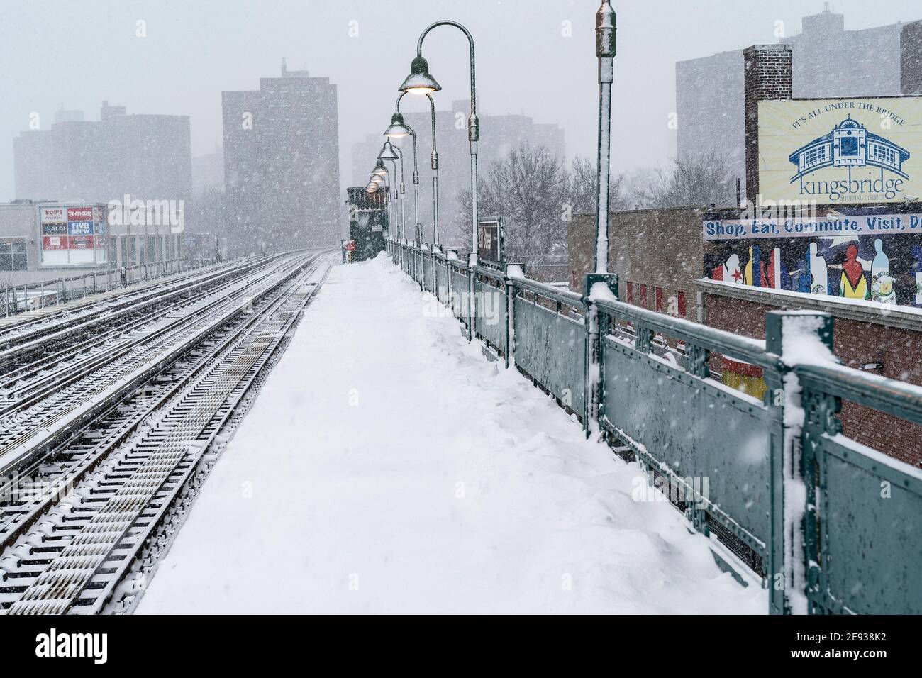 New York, United States. 01st Feb, 2021. View of elevated above ground subway station covered with snow as major storm cover New York City with more than a foot expected on the ground. This snow storm called nor'easter storm. Heavy snowfall expected to continue for more than 24 hours. Snow storm impacted all North East of the US. (Photo by Lev Radin/Pacific Press) Credit: Pacific Press Media Production Corp./Alamy Live News Stock Photo