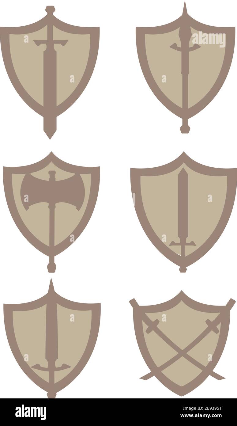 Set of six vector illustration for medieval weapon and shield designs in brown isolated on white background. Stock Vector