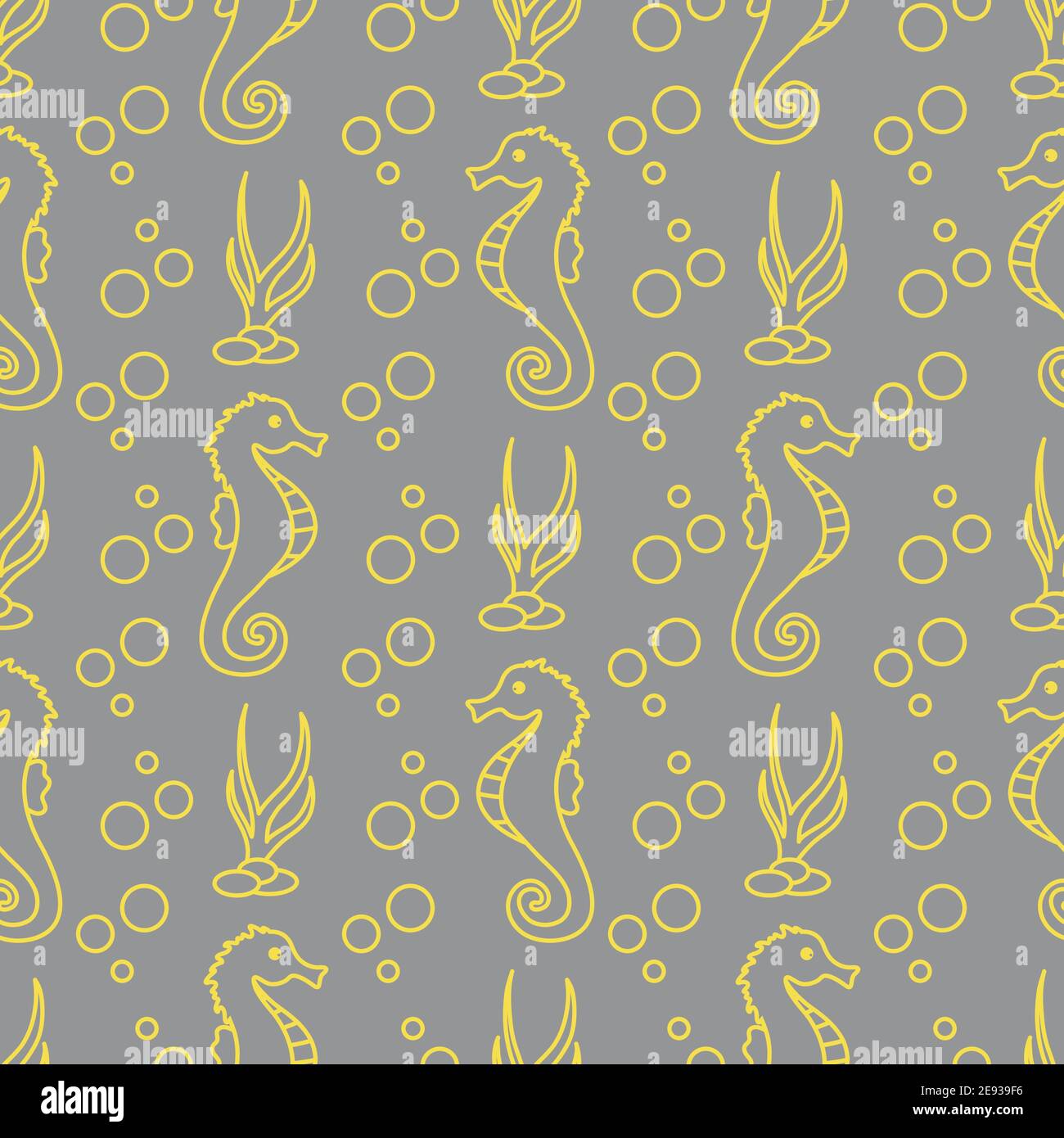 Vector seamless pattern with sea horses, underwater plants and bubbles ...