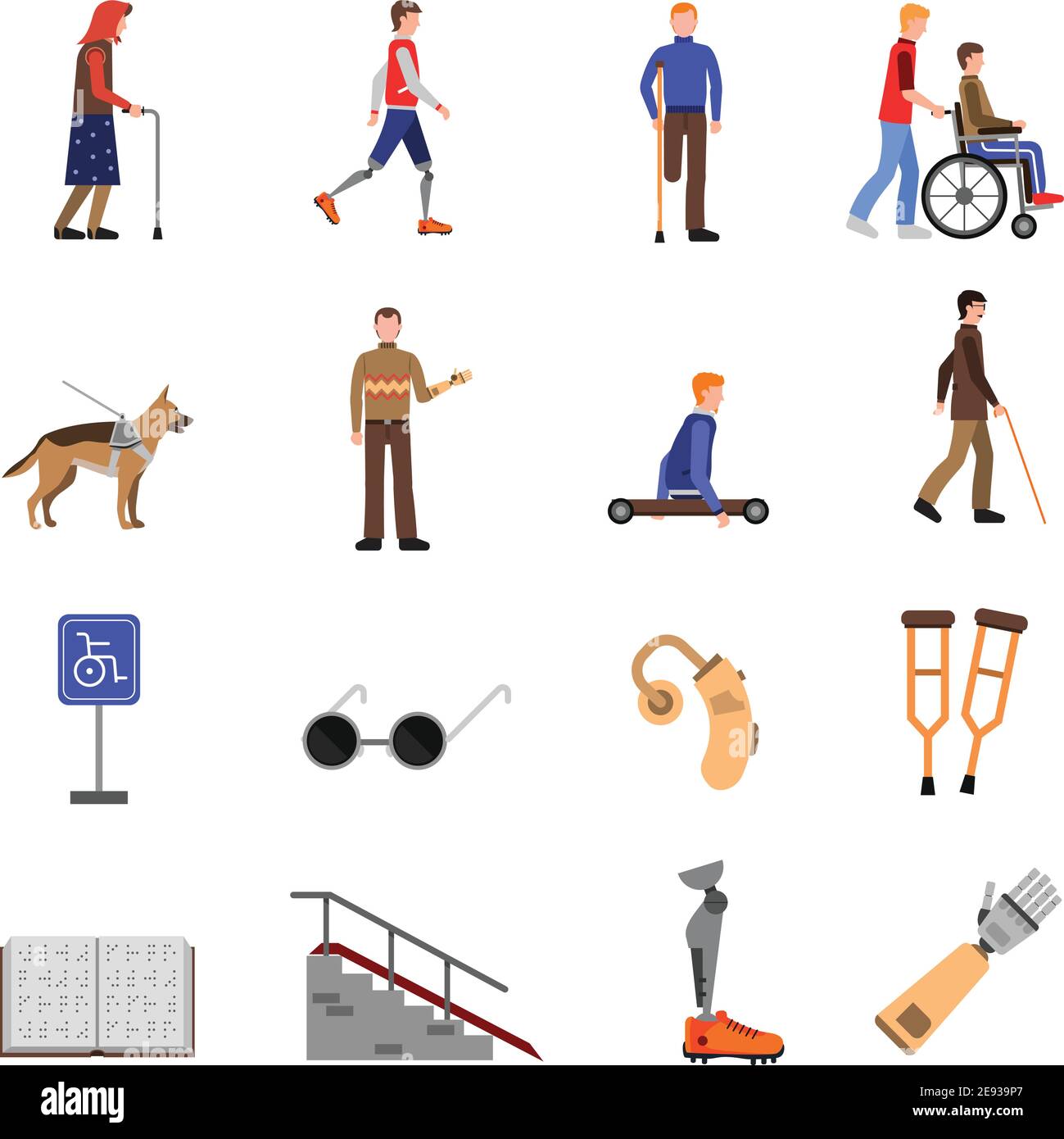 Disabled people signs and accessories flat icons set with guide dog and wheelchair abstract isolated vector illustration Stock Vector