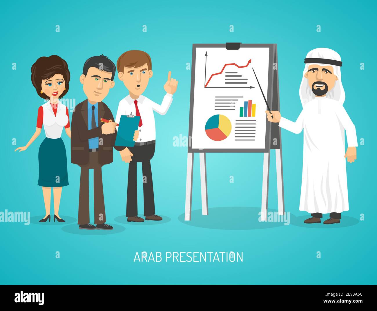 Arab in traditional arabic clothing doing presentation with flip chart