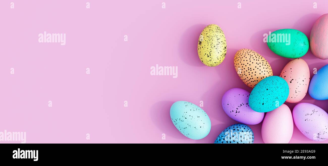 Bunch of colorful eggs on a pink Easter background 3D Rendering Stock Photo