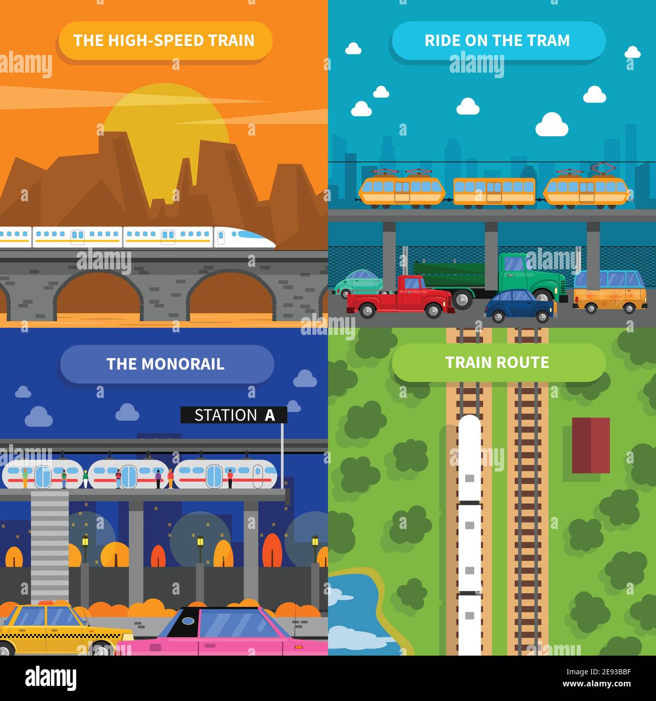 Train concept icons set with high-speed train tram and monorail flat ...