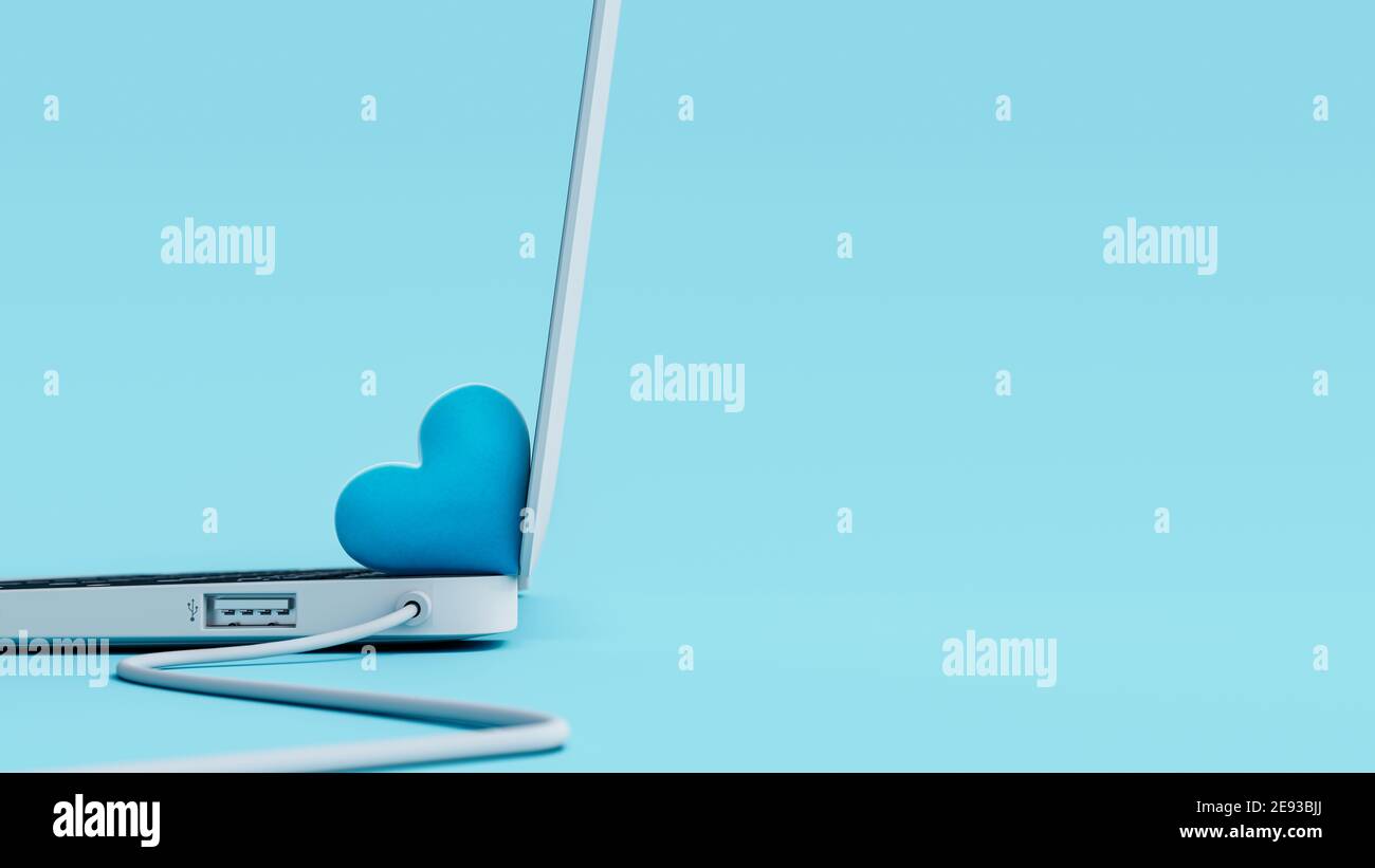 Laptop computer with small blue heart. Online dating concept background 3D Rendering Stock Photo