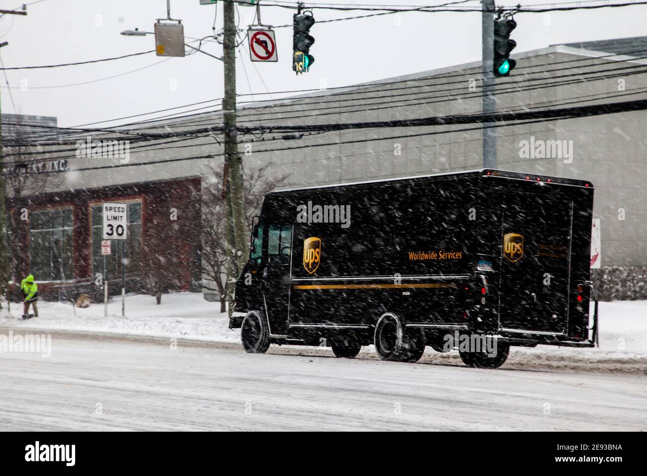 NORWALK, CT, USAFEBRUARY 1, 2021 UPS truck delivery during snow day