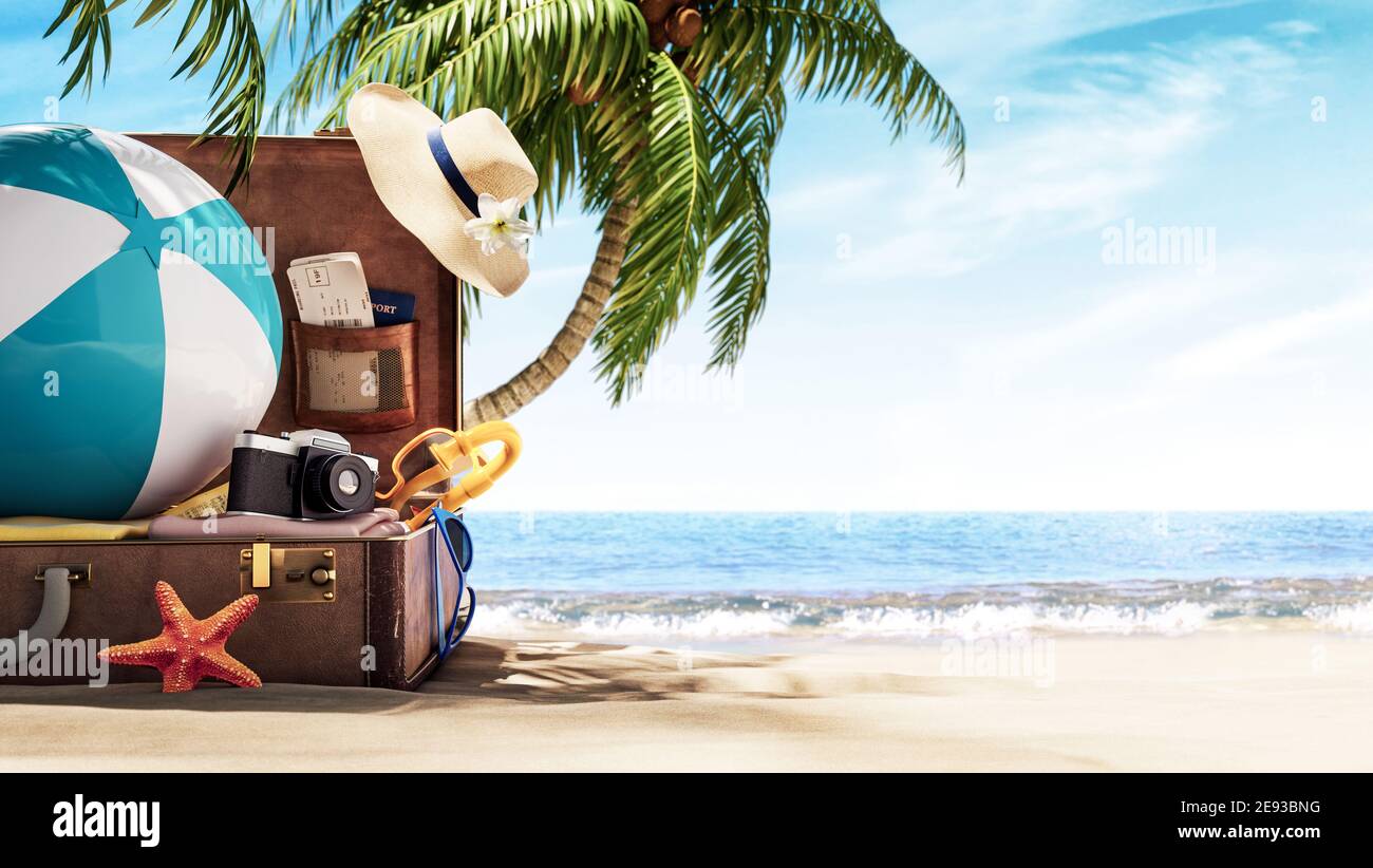 Unpacked travel suitcase on the beach anther the palm tree. Summer concept background 3D Rendering Stock Photo