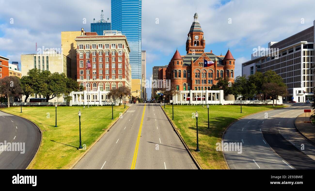 Dealey Plaza, city park and National Historic Landmark in downtown Dallas, Texas. Site of President Kennedy assassination in 1963. Stock Photo