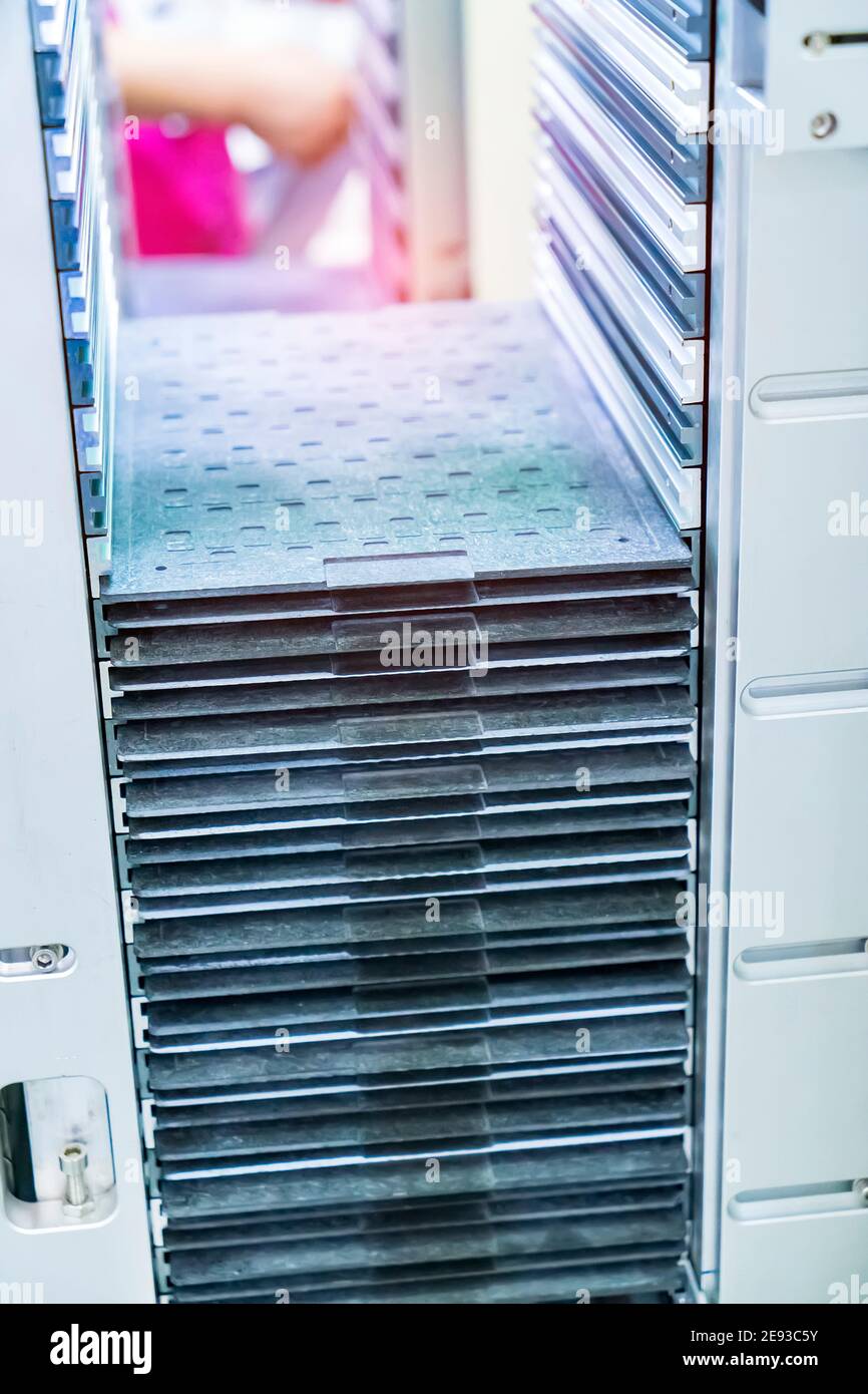 PCB Processing on CNC machine working in factory Stock Photo