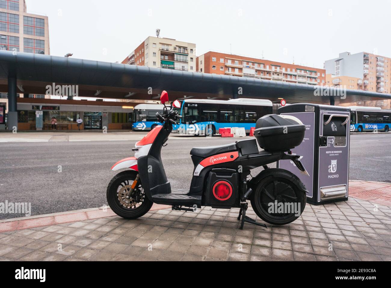 MADRID, SPAIN - Jan 29, Electric scooter parked in the street. Acciona is a Spanish company for rental systems Photo - Alamy